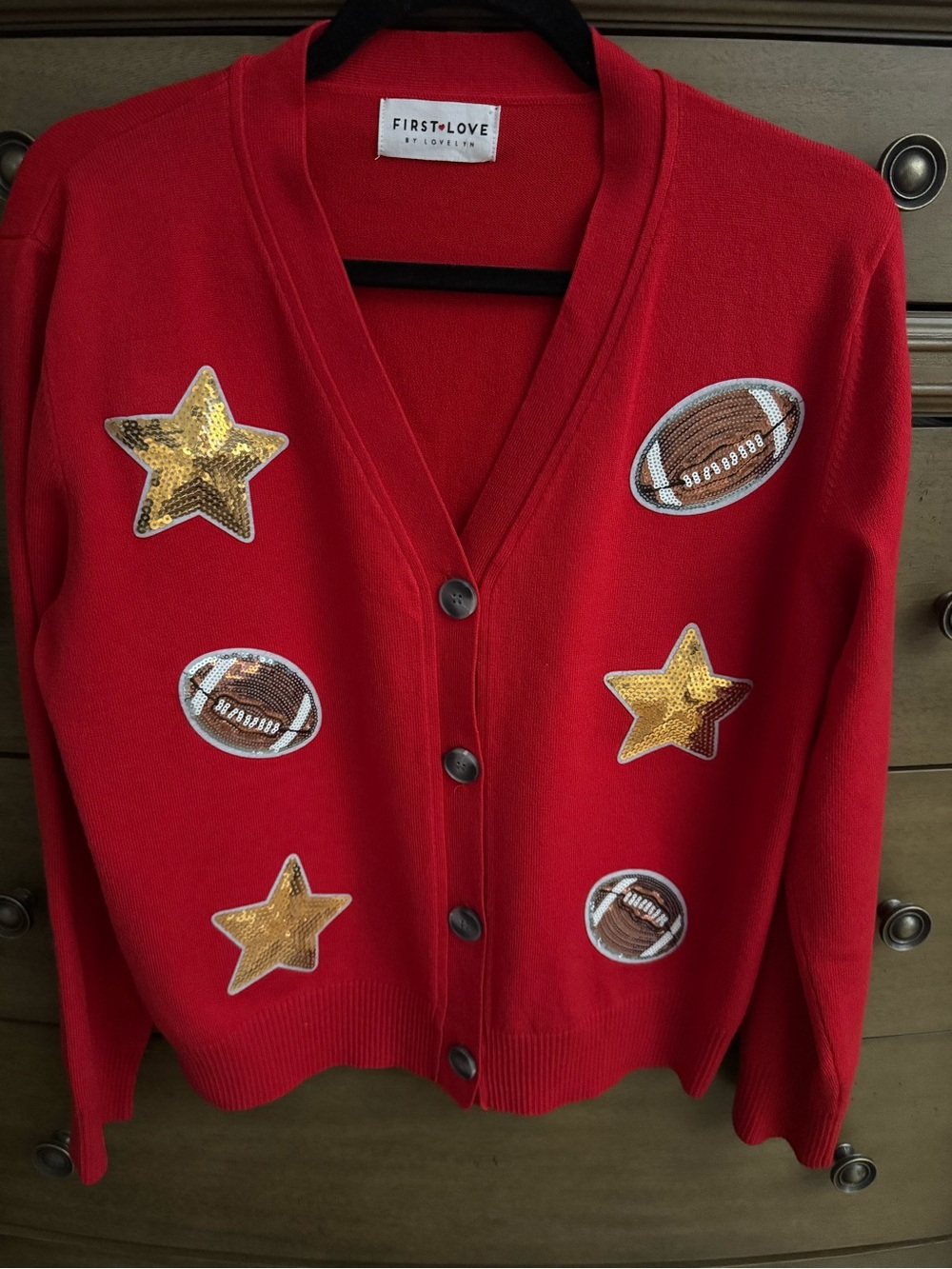 First Love Red Sequin Football & Star Cardigan Sweater